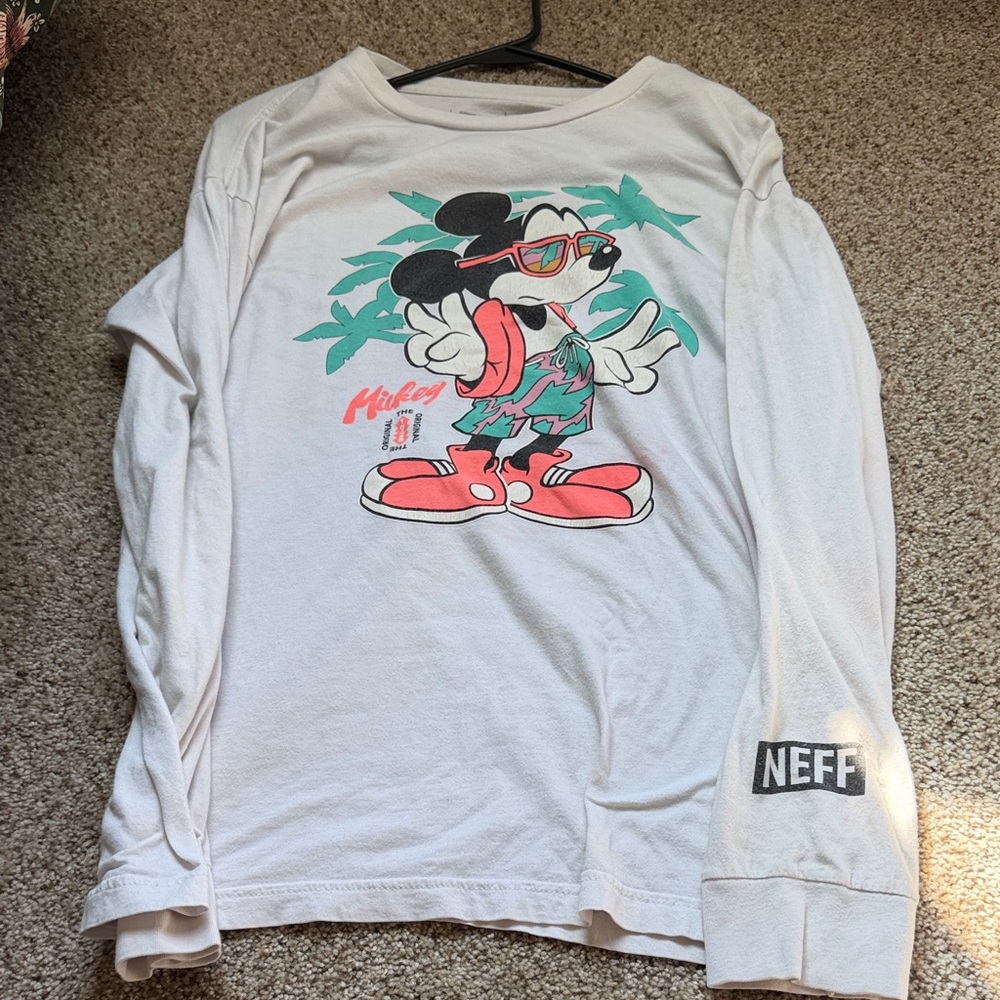 Neff White Long Sleeve Tee with Pink & Teal Mickey Graphic